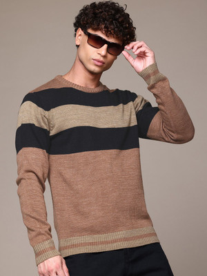 Roadster Colorblock Round Neck Casual Men Brown Sweater