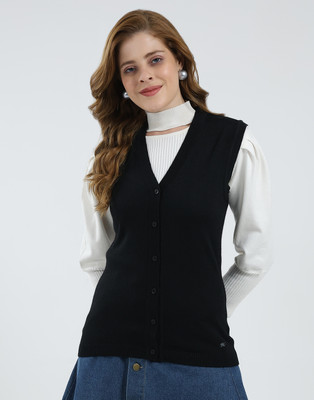 MONTE CARLO Solid V Neck Casual Women Black Sweater