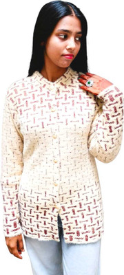 radhaknitwears Printed Round Neck Casual Women White, Maroon Sweater
