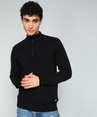WROGN Striped High Neck Casual Men Black Sweater