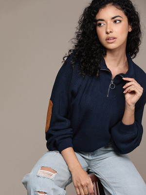 Roadster Solid Casual Women Blue Sweater
