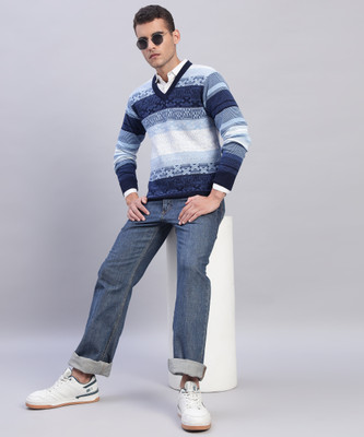 MYLES Geometric Print V Neck Casual Men Blue Sweater
