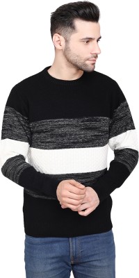 believe Striped Round Neck Casual Men Black, White Sweater