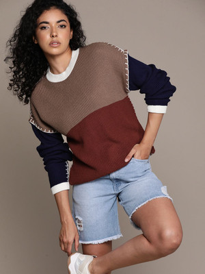 Roadster Colorblock Round Neck Casual Women Red Sweater