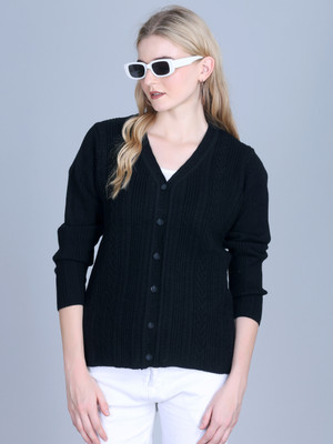 7 ISLANDS Self Design V Neck Casual Women Black Sweater