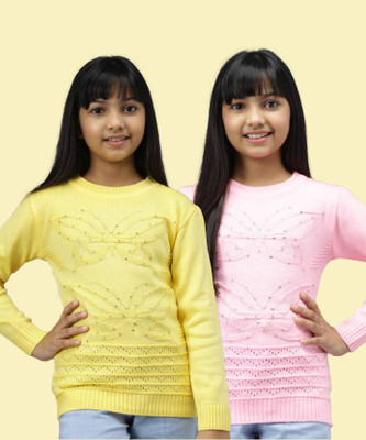 ANIXA Embellished Round Neck Casual Girls Yellow, Pink Sweater