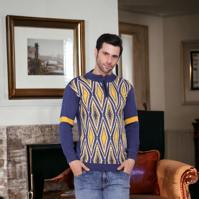 ENMA Geometric Print Round Neck Casual Men Blue Sweater