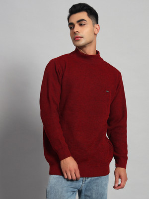 eWools Striped High Neck Casual Men Maroon Sweater