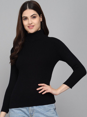 TANDUL Striped High Neck Casual Women Black Sweater