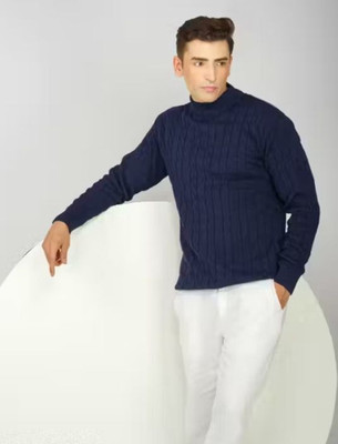 kveto Self Design Round Neck Casual Men Dark Blue Sweater