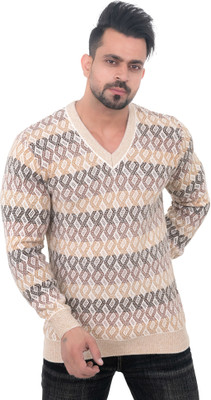 Loglo Self Design V Neck Casual Men Beige Sweater