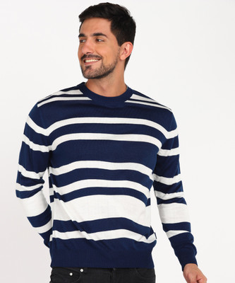 NUMERO UNO Woven Round Neck Casual Men Blue, White Sweater