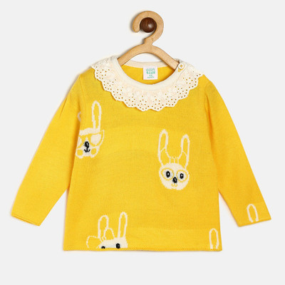 MINI KLUB Printed Round Neck Casual Baby Girls Yellow Sweater