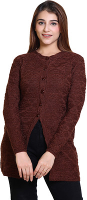 Winter knit Self Design Round Neck Casual Women Brown Sweater