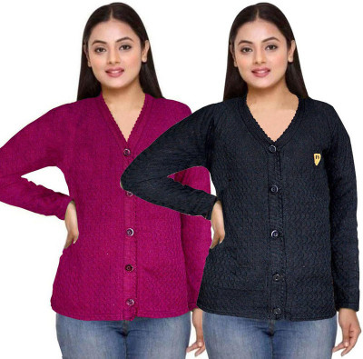 Homezilla Self Design V Neck Casual Women Blue, Pink Sweater
