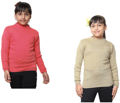 KAVYA Solid Round Neck Casual Girls Orange, Beige Sweater