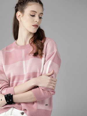 Roadster Self Design Round Neck Casual Women Pink Sweater