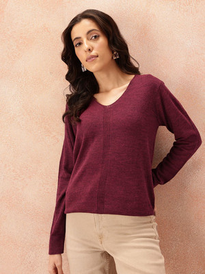 all about you Solid V Neck Casual Women Maroon Sweater