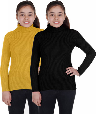 100LUCK Solid High Neck Casual Boys & Girls Black, Yellow Sweater