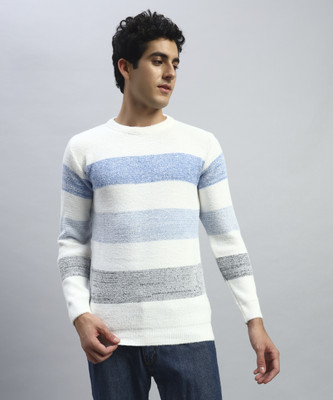 HELL BOUND Striped Round Neck Casual Men Light Blue, White Sweater