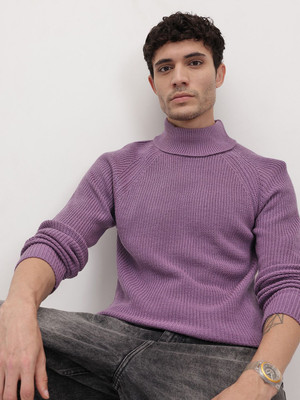 Roadster Self Design Turtle Neck Casual Men Purple Sweater