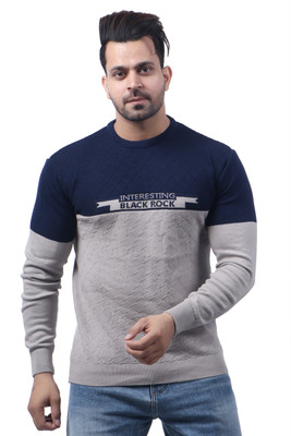 FEVERFEW Colorblock Round Neck Casual Men Grey Sweater