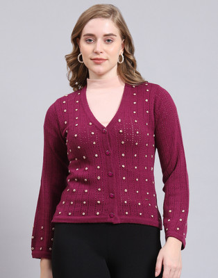 MONTE CARLO Self Design V Neck Casual Women Purple Sweater