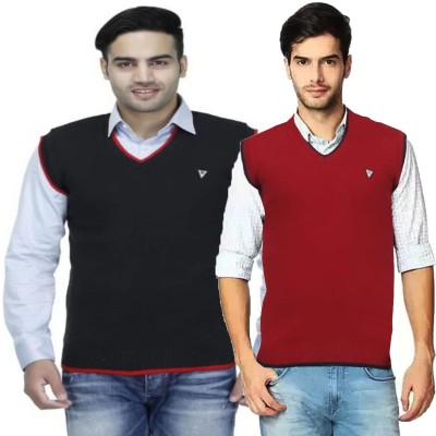 Mastani Solid V Neck Casual Men Red, Black Sweater