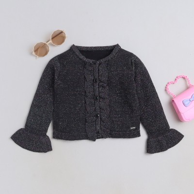 Yellow Apple Self Design Round Neck Casual Baby Girls Black Sweater