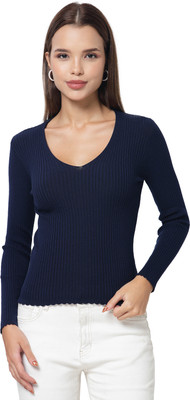 KALT Self Design V Neck Casual Women Blue Sweater
