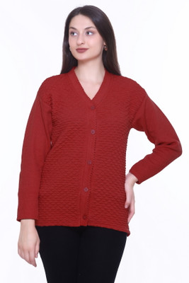S.L. Madhok Self Design V Neck Casual Women Maroon Sweater
