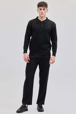 Snitch Solid Collared Neck Casual Men Black Sweater