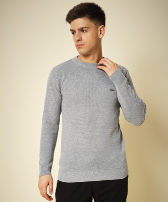 HELL BOUND Solid Round Neck Casual Men Grey Sweater