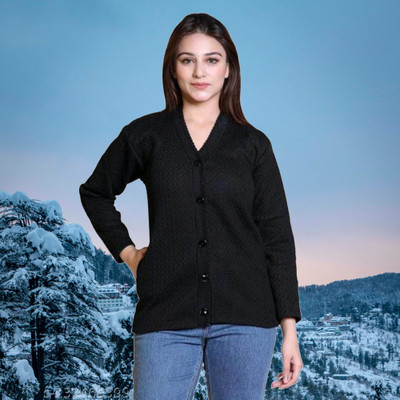 KesarDesign Solid V Neck Casual Women Black Sweater