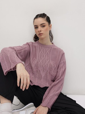 Roadster Self Design Round Neck Casual Women Purple Sweater