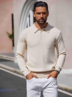 TYSORT Self Design Collared Neck Casual Men Beige Sweater