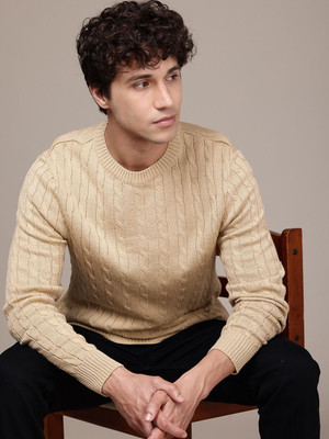 French Connection Self Design Round Neck Casual Men Beige Sweater