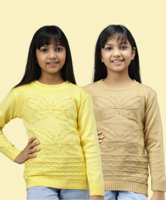 ANIXA Woven Round Neck Casual Girls Yellow, Beige Sweater