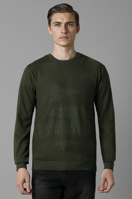 Louis Philippe Jeans Solid Round Neck Casual Men Dark Green Sweater
