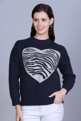 BlessIntimates Solid Round Neck Casual Women Dark Blue Sweater