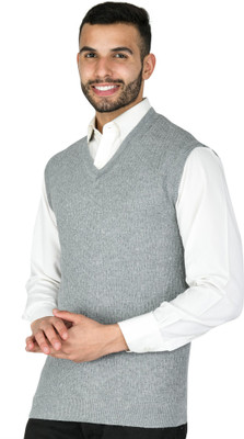 MONT CONNETT Solid, Embroidered V Neck Casual Men Grey Sweater