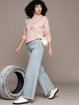 Roadster Solid Turtle Neck Casual Women Pink Sweater