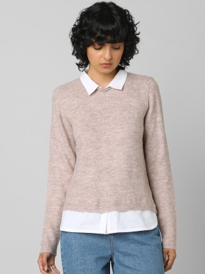 ONLY Self Design V Neck Casual Women Beige Sweater