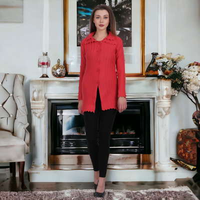 GLAUCUS Self Design Collared Neck Casual Women Red Sweater