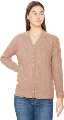 Btag Self Design V Neck Casual Women Beige Sweater