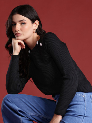 all about you Solid Round Neck Casual Women Black Sweater