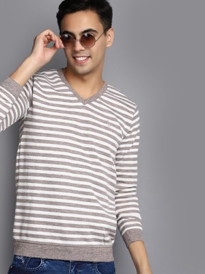 V-MART Striped V Neck Casual Men Brown, Brown Sweater