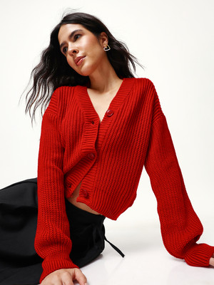 High Star Self Design V Neck Casual Women Red Sweater
