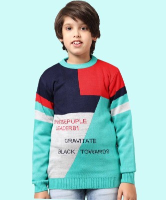 Fit N Fame Colorblock Round Neck Casual Boys Blue Sweater