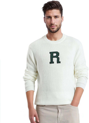RARE RABBIT Graphic Print Crew Neck Casual Men White Sweater